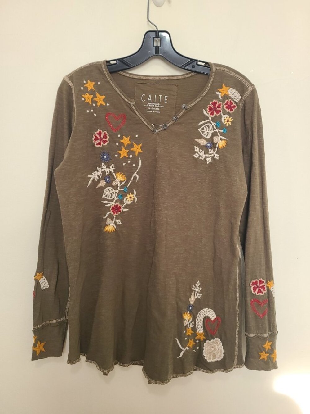 Caite Greta Top Kyla Seo Karyn Embroidered Floral size XS T Shirt Green